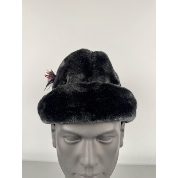 Vintage 60s Black Faux Fur Fedora Hat Small Feather Tyrolean Trapper German Cap - Picture 2 of 7